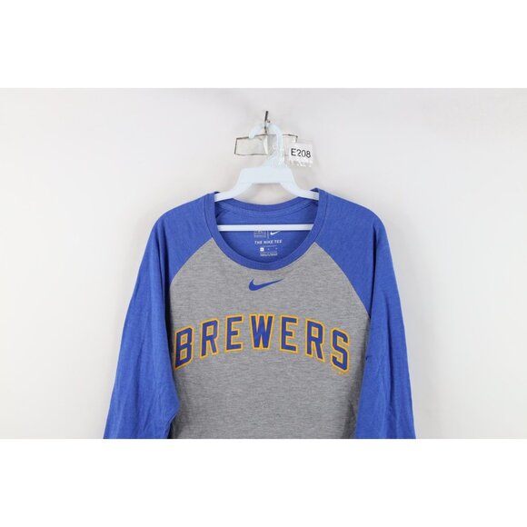 Nike Mens Large Faded Milwaukee Brewers Baseball 3/4 Sleeve Raglan T-Shirt Gray - Picture 2 of 16